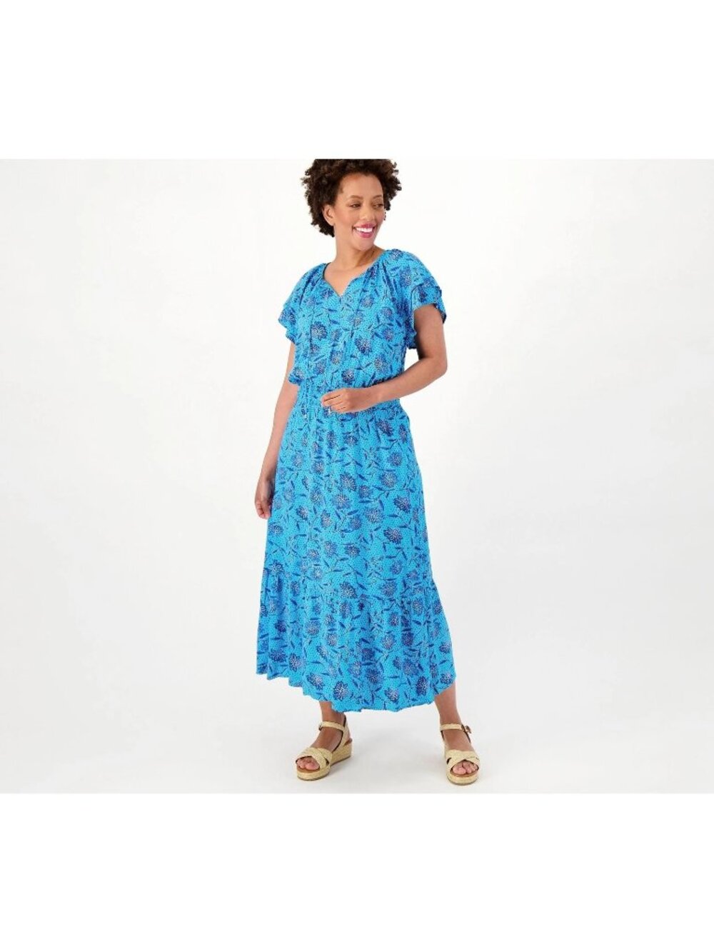 Destination 365 Midi Dress XXS Petite Printed Short Sleeve Smocking Floral Boho
